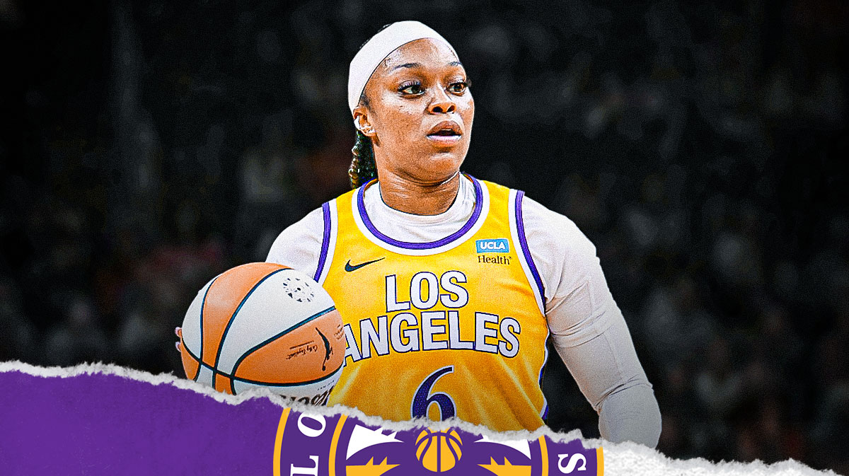 LA Sparks player Odyssey Sims with the LA Sparks logo in the background, Storm WNBA free agency
