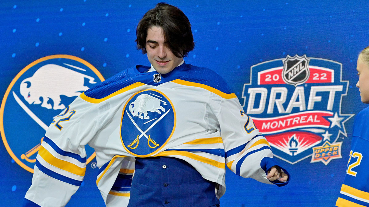 Matthew Savoie after being selected as the number nine overall pick to the Buffalo Sabres in the first round of the 2022 NHL Draft at Bell Centre.