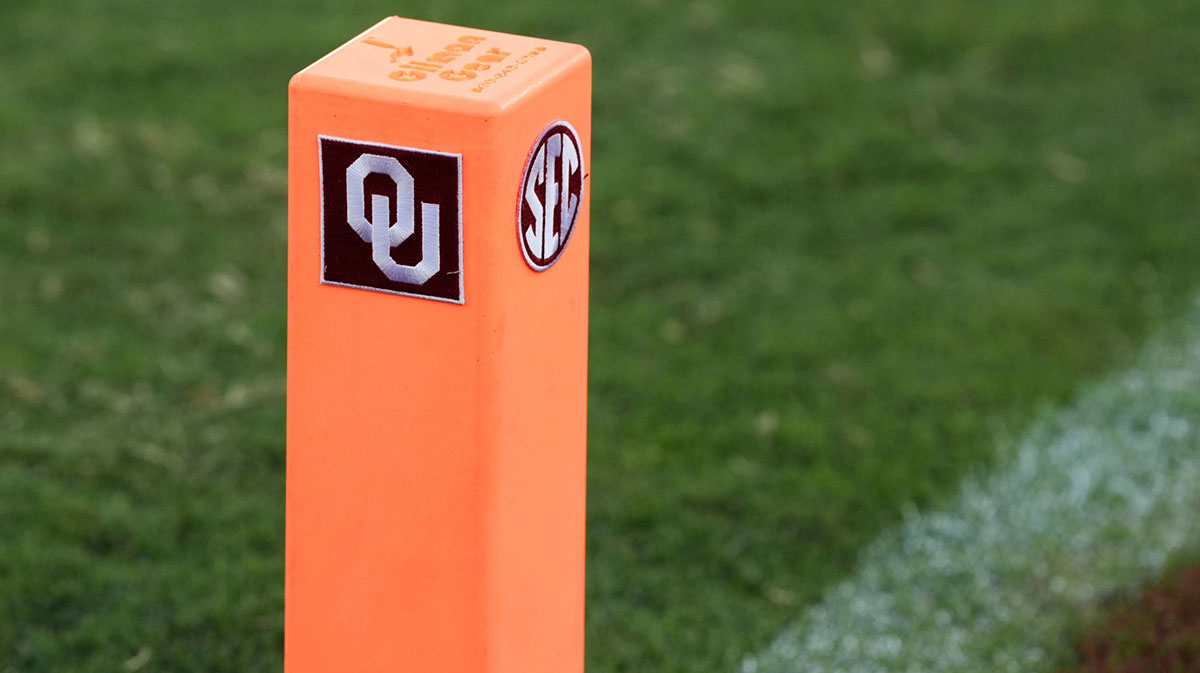 AN end zone plyon with the SEC logo on it is pictured during a college football game between the University of Oklahoma Sooners (OU) and the Houston Cougars at Gaylord Family – Oklahoma Memorial Stadium.