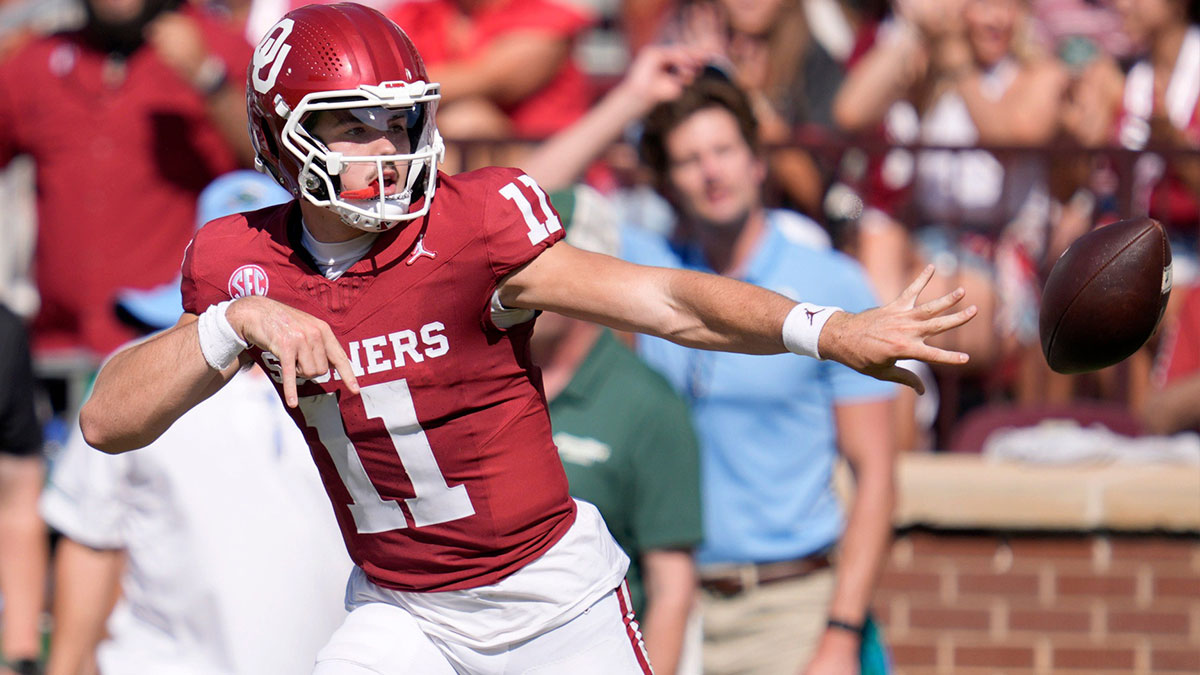 Oklahoma Sooners quarterback Jackson Arnold (11) gestures as he tosses the ball to an official after long run during a college football game between the University of Oklahoma Sooners (OU) and the Tulane Green Wave at Gaylord Family - Oklahoma Memorial Stadium in Norman, Okla., Saturday, Sept. 14, 2024.