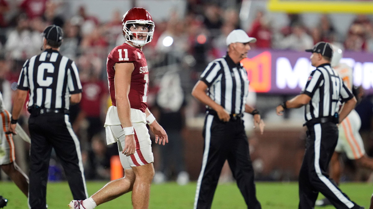 Oklahoma Sooners quarterback Jackson Arnold (11) walks off the field after throwing an incomplete pass that was ruled a fumble during a college football game between the University of Oklahoma Sooners (OU) and the Tennessee Volunteers at Gaylord Family - Oklahoma Memorial Stadium in Norman, Okla., Saturday, Sept. 21, 2024.