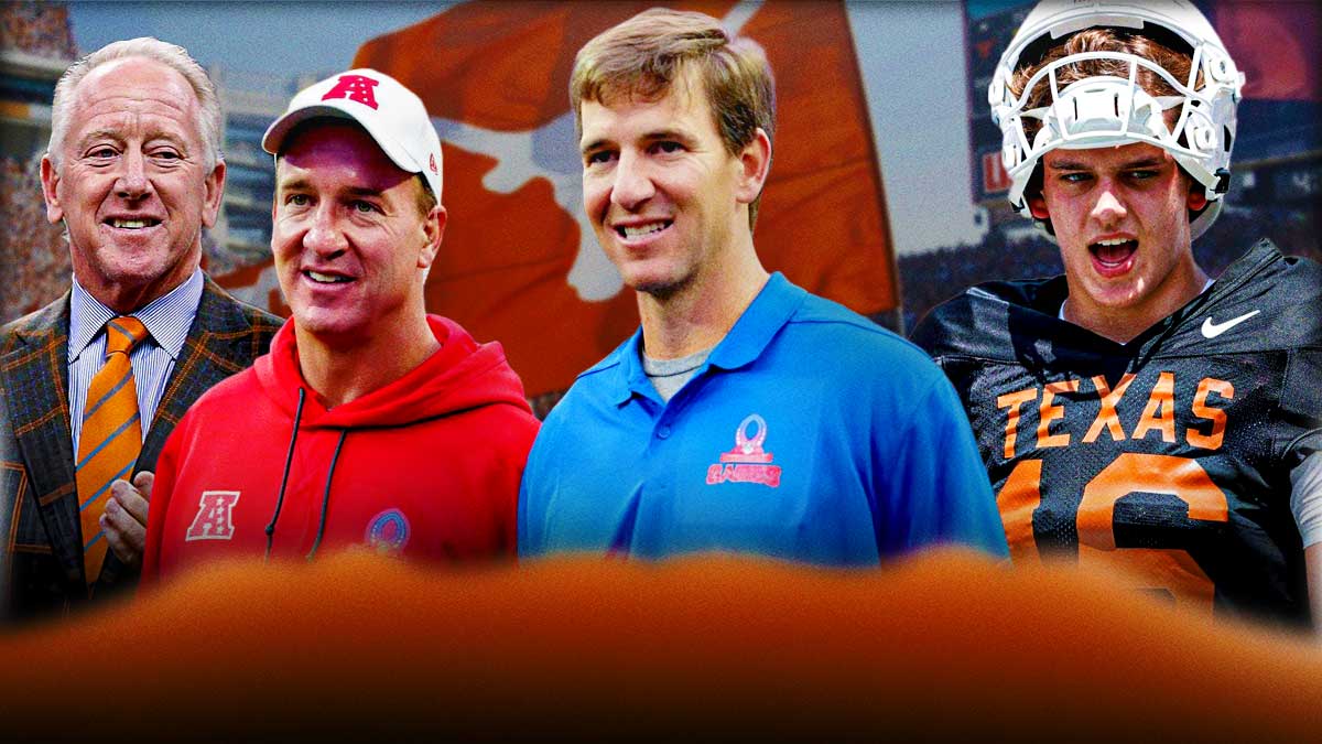 Ole Miss legends Archie and Eli Manning with Peyton Manning and Texas quarterback Arch Manning with Darrell K Royal Stadium background.