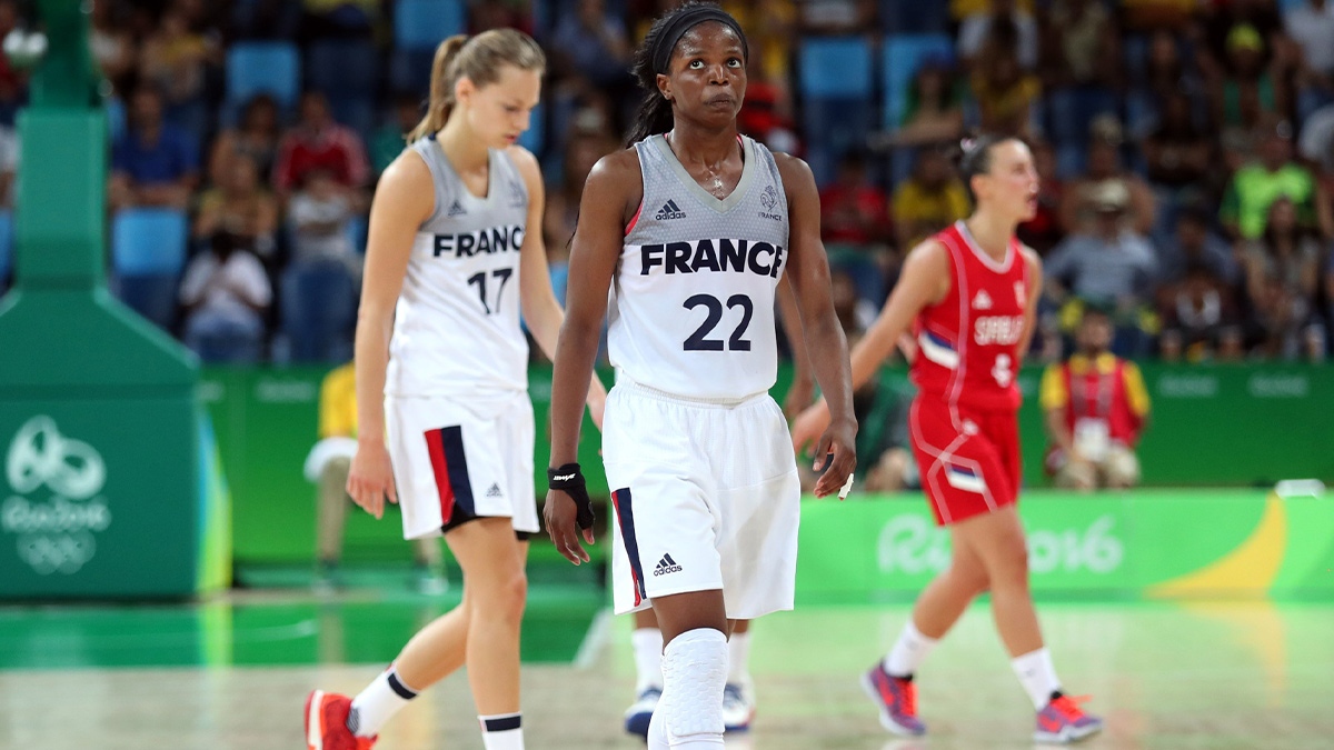 France point guard Olivia Epoupa (22) reacts against Serbia in the women's basketball bronze medal match during the Rio 2016 Summer Olympic Games at Carioca Arena 1.