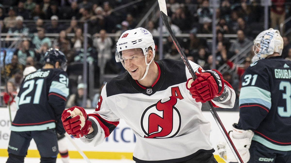 New Jersey Devils forward Ondrej Palat (18) celebrates after scoring a goal against the Seattle Kraken during the first period at Climate Pledge Arena.