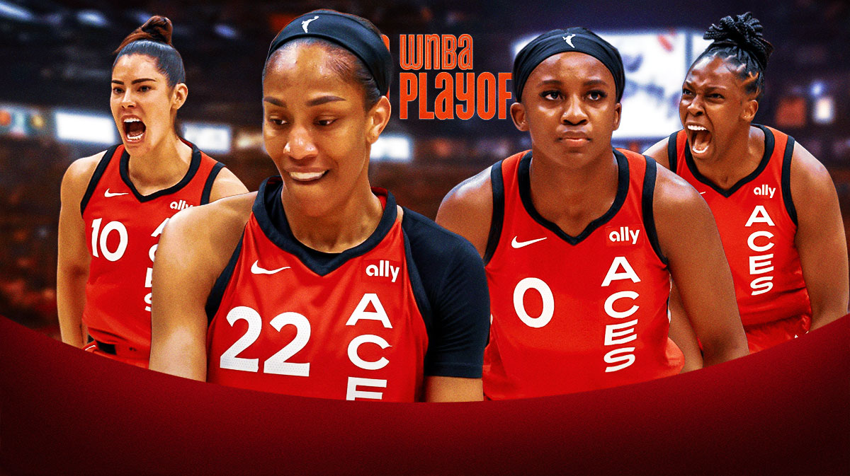 Las Vegas Aces players A'ja Wilson, Kelsey Plum, Jackie Young, and Chelsea Gray with the WNBA Playoff logo above their heads.