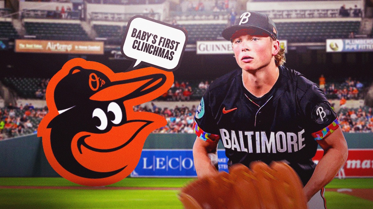 Baltimore Orioles logo with speech bubble saying "Baby's First Clinchmas" to Jackson Holliday