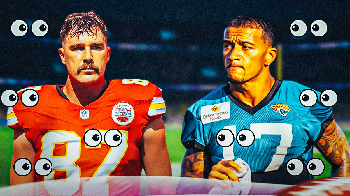 Travis Kelce and Evan Engram with a bunch of the big eyes emojis in the background