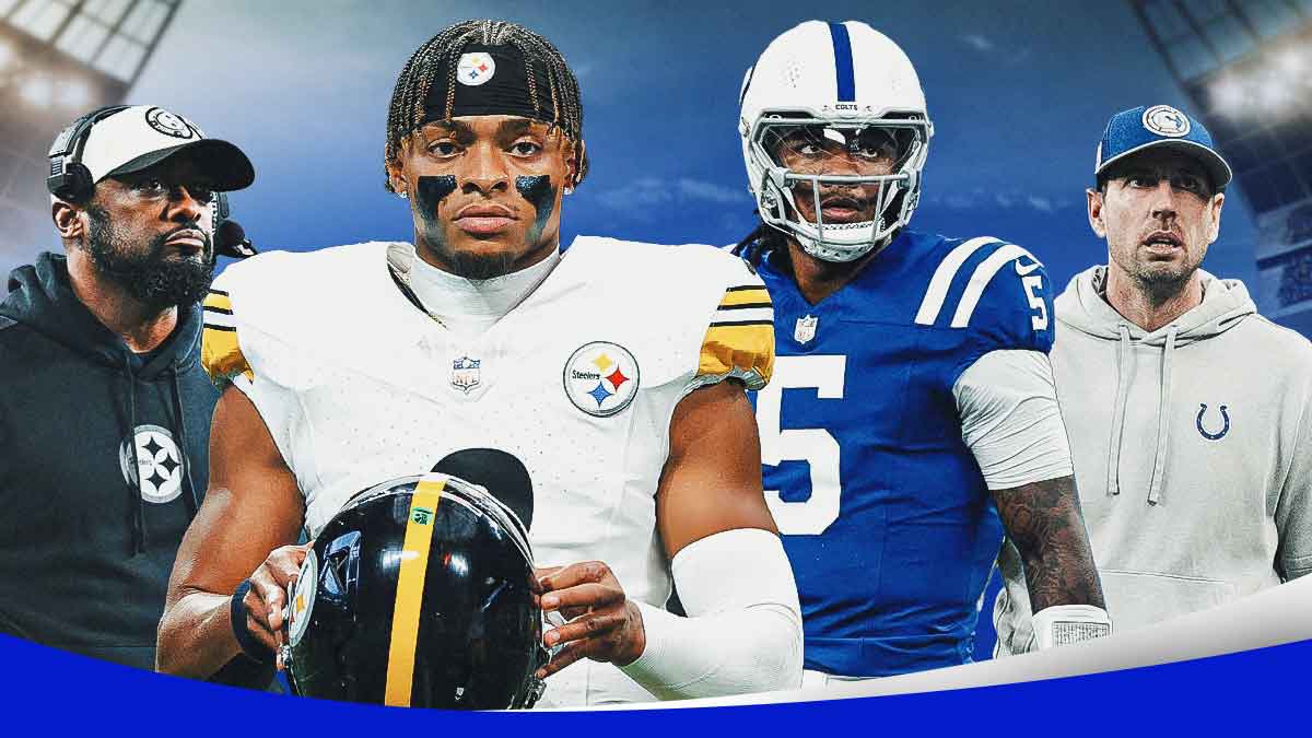 Steelers' Mike Tomlin and Justin Fields next to Colts' Anthony Richardson and Shane Steichen