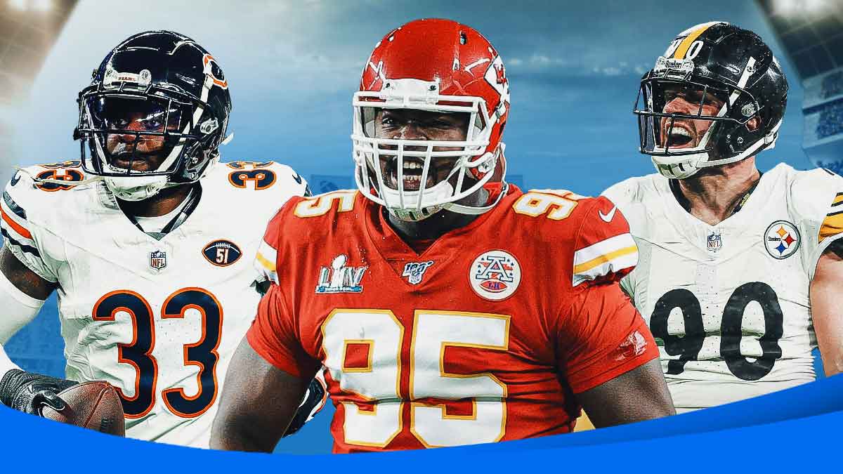 Bears cornerback Jaylon Johnson, Chiefs defensive tackle Chris Jones and Steelers linebacker TJ Watt next to each other in action shots