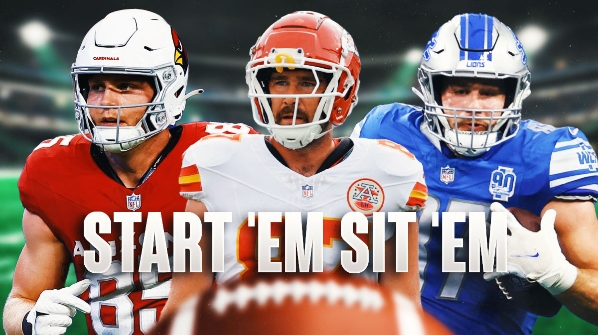 Travis Kelce, Sam LaPorta, and Trey McBride with "Start 'Em Sit 'Em" written underneath