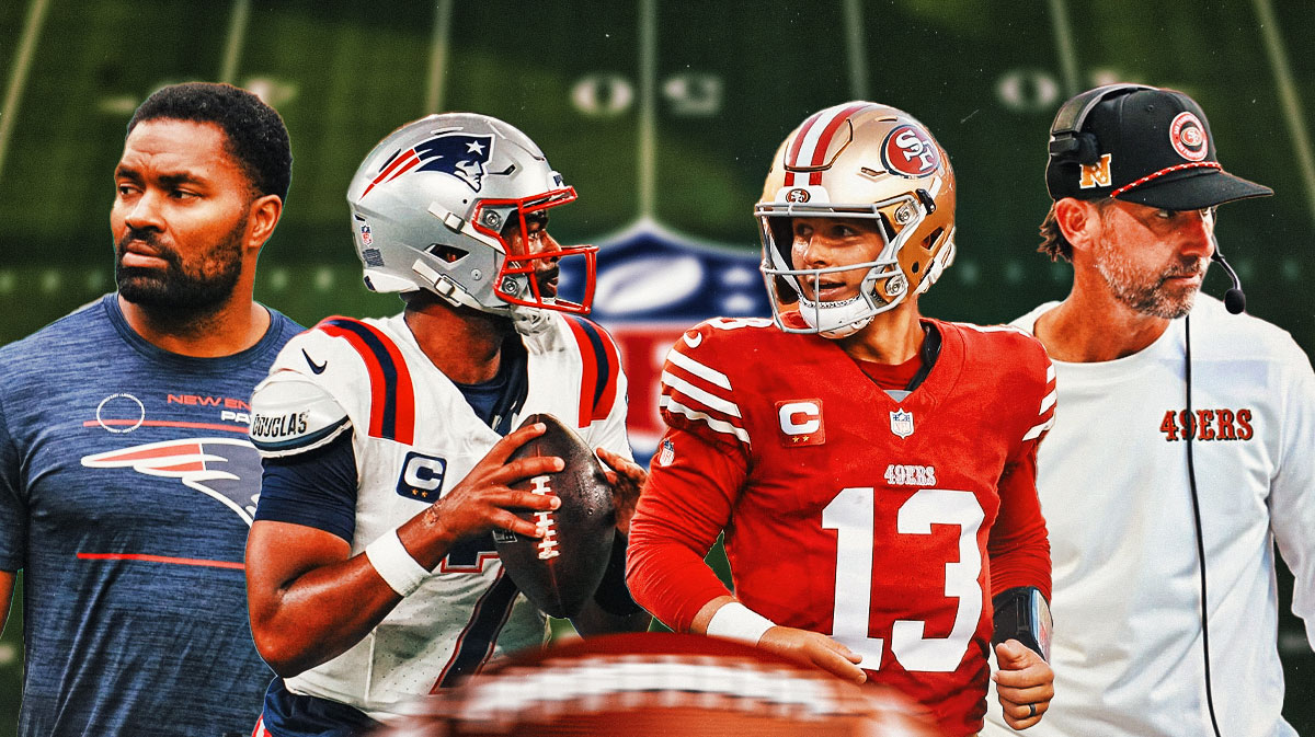 Jacoby Brissett and Jerod Mayo on one side, Brock Purdy and Kyle Shanahan on the other side