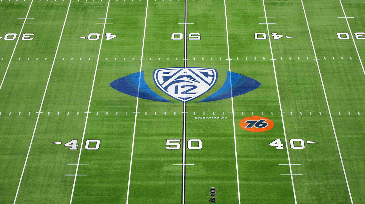 A detailed view of the Pac-12 Conference logo at midfield at Allegiant Stadium before the 2021 Pac-12 Championship Game between the Oregon Ducks and the Utah Utes.