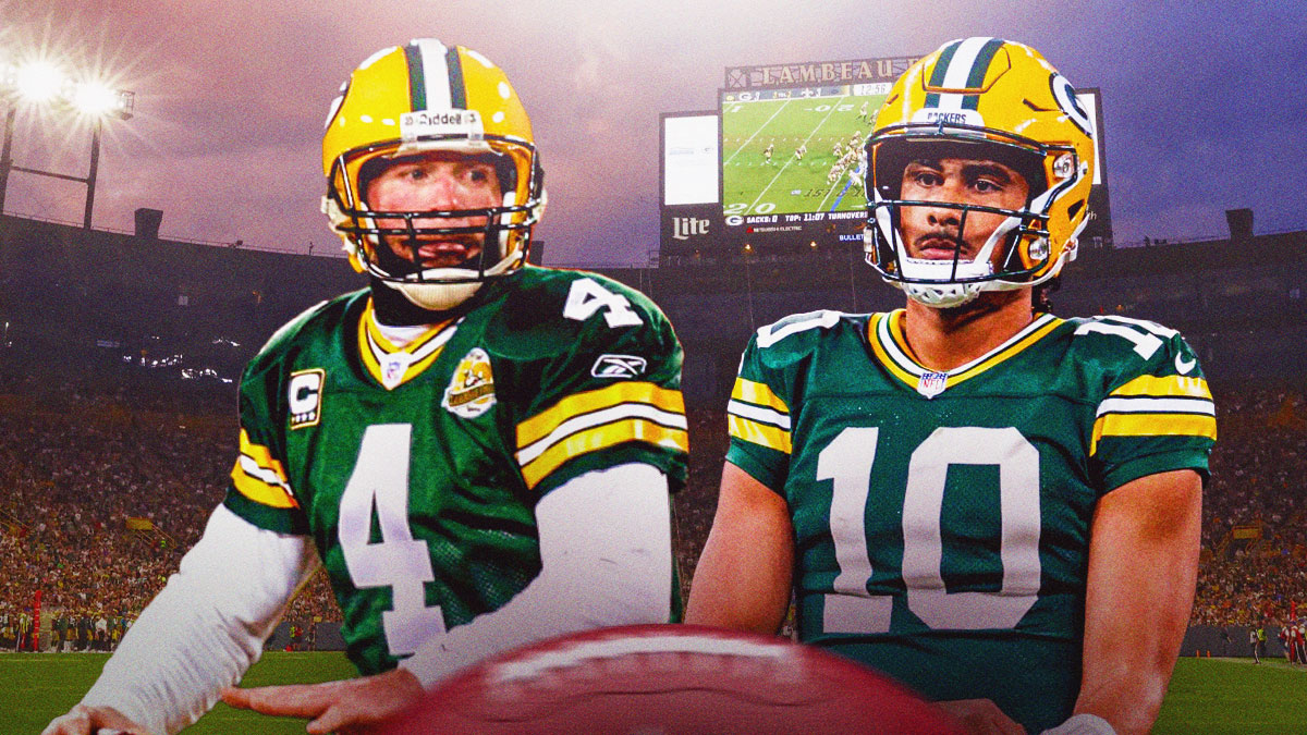 Jordan Love, Brett Favre in Packers uniforms