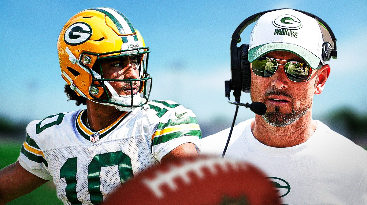 Matt LaFleur in Packers coaching gear and Jordan Love.