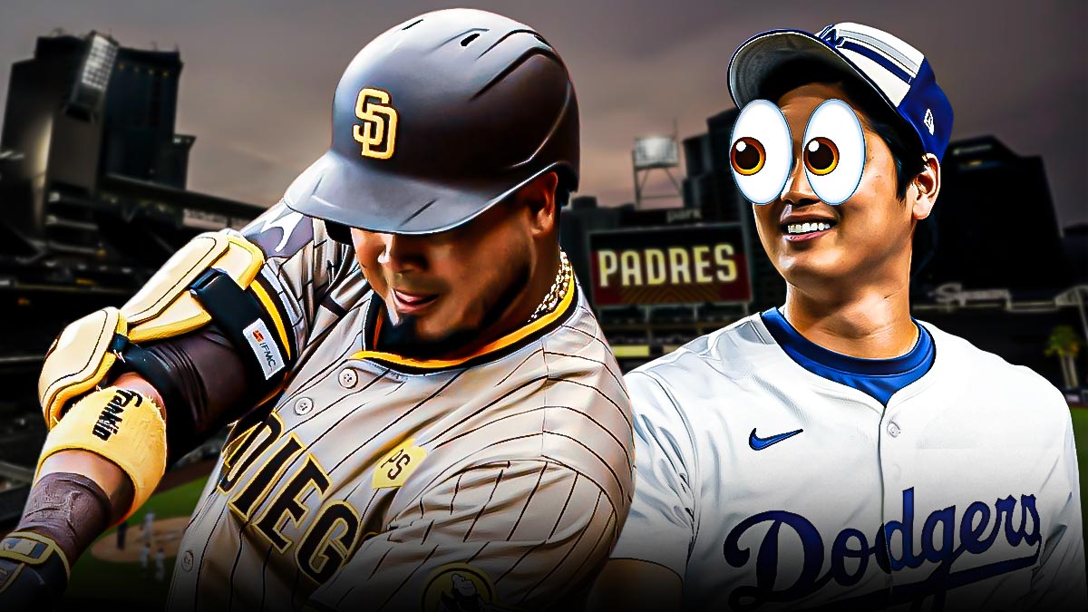 Photo: Shohei Ohtani in Dodgers jersey with peeping eyes looking at Padres' Luis Arraez