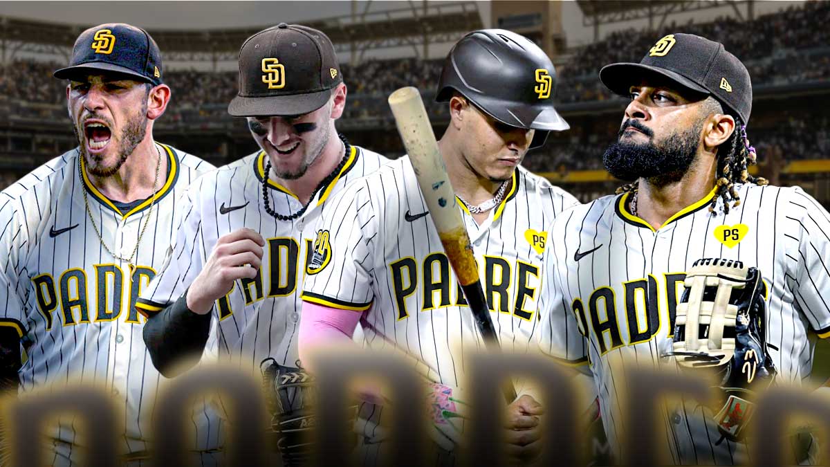 San Diego Padres pitcher Joe Musgrove to the left - Jackson Merrill, Manny Machado, Fernando Tatis Jr. to the right