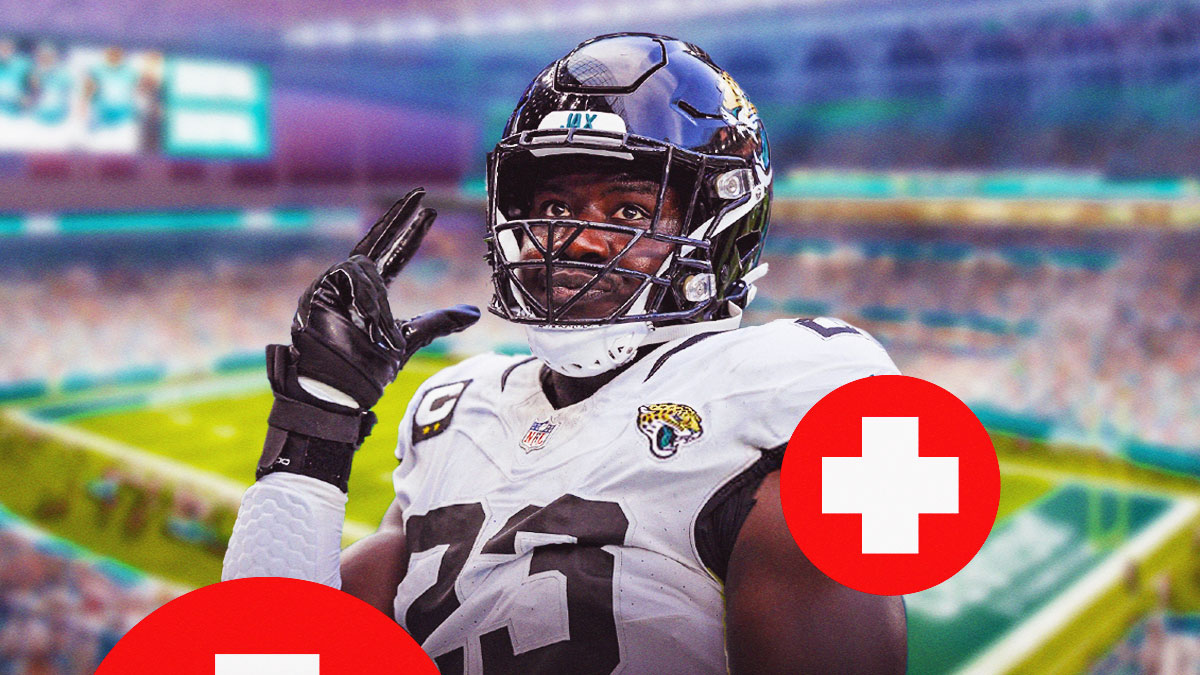 Foye Oluokun in a Jacksonvill Jaguars uniform with a red and white first aid symbol as Oluokun will miss time with injury for the winless jaguars and trevor lawrence as injuries add up.