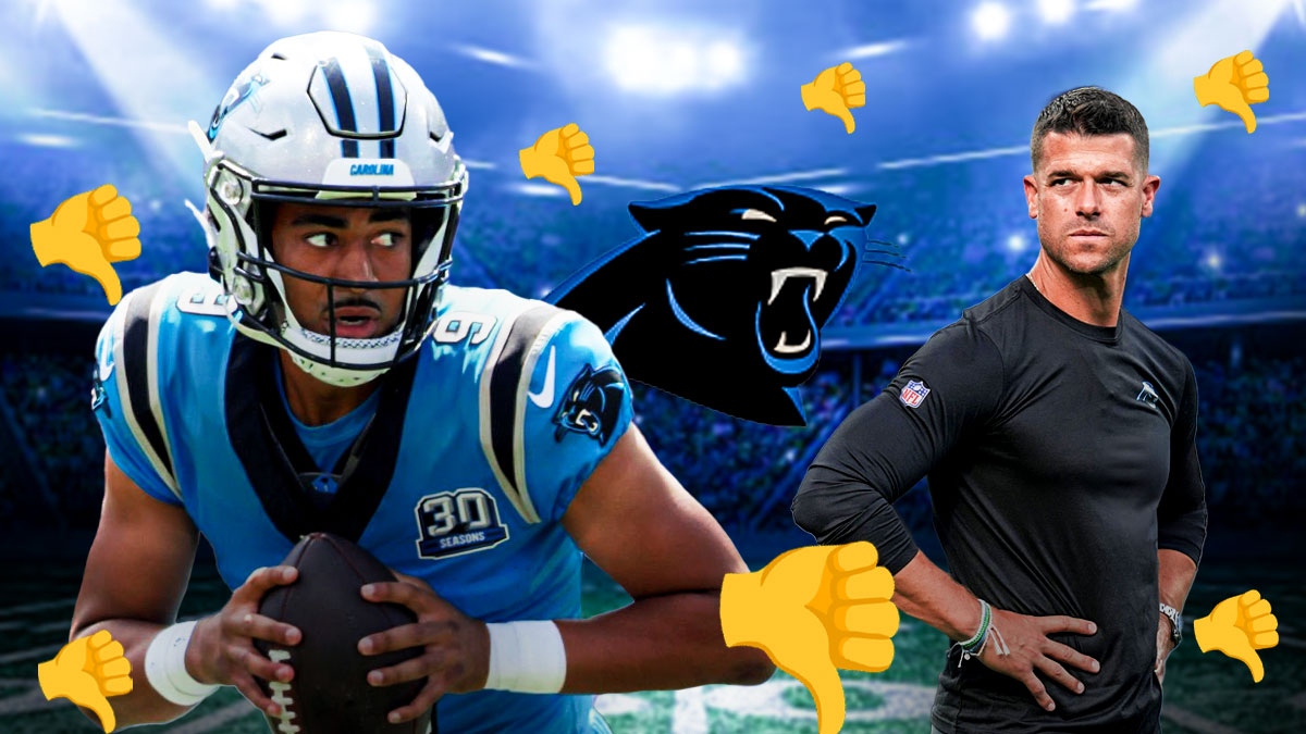 Panthers QB Bryce Young and HC Dave Canales surround by thumbs down emojis with a Panthers logo between them