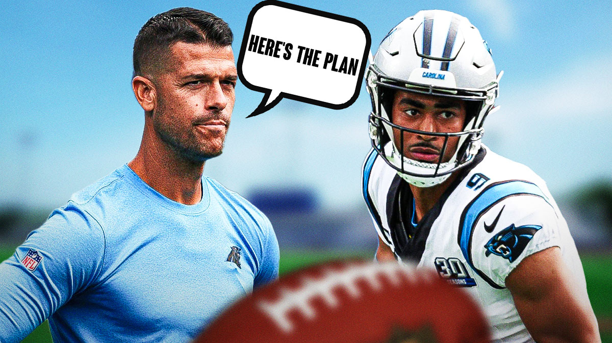 Bryce Young on one side with the big eyes emoji over his face, Dave Canales on the other side with a speech bubble that says "Here's the plan"