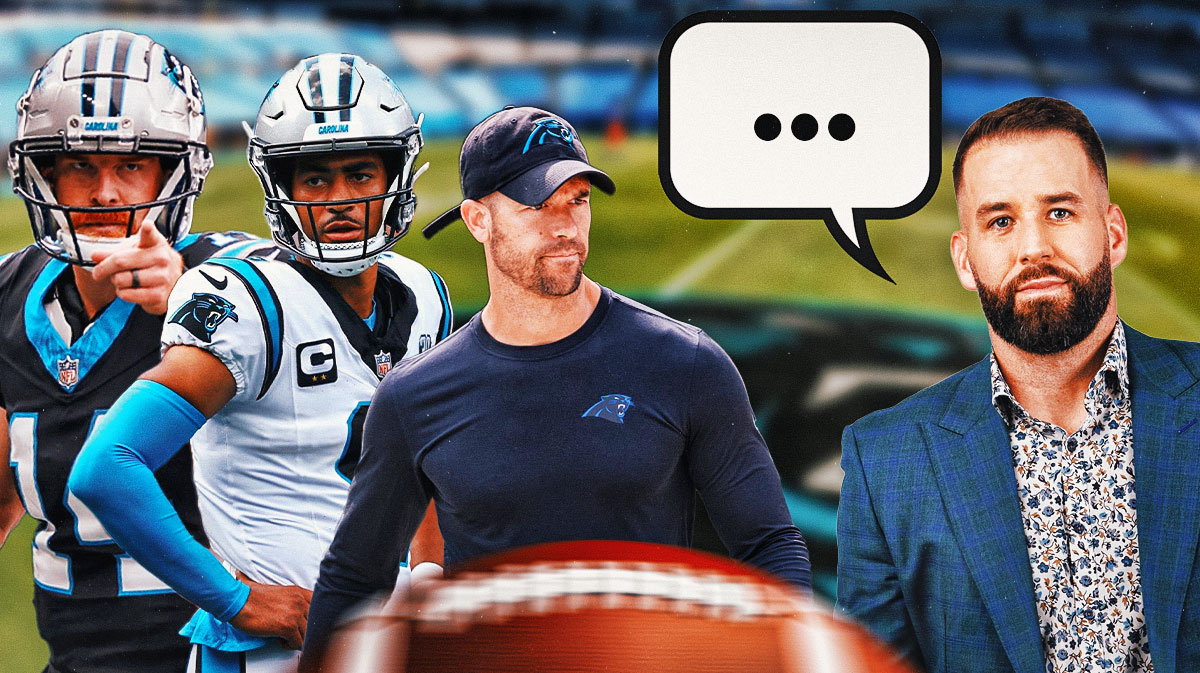 Carolina Panthers head coach Dave Canales with QB Bryce Young, QB Andy Dalton, and former NFL QB Chase Daniel. Daniel has a speech bubble with the three dots emoji inside. There is also a logo for the Carolina Panthers.