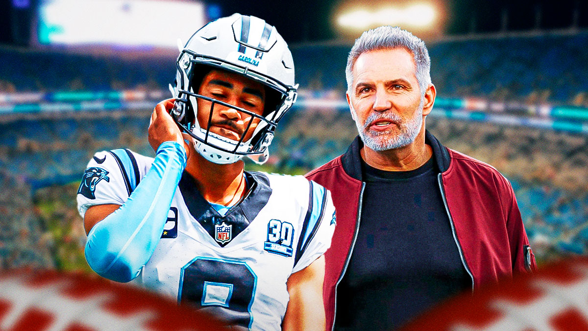 Hall-of-Fame quarterback Kurt Warner, sitting next to Carolina Panthers quarterback Bryce Young, on a football bench. Young looks defeated, while Warner is trying to encourage him.