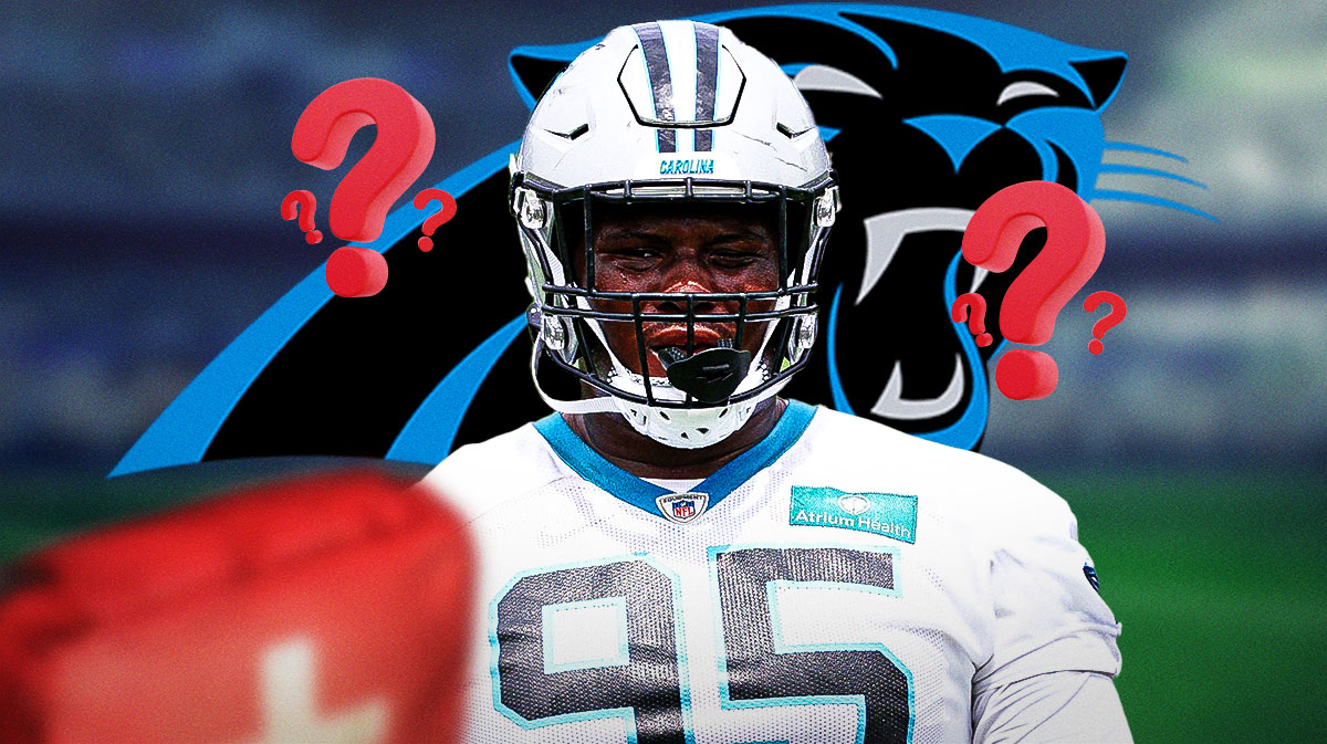 Carolina Panthers defensive tackle Derrick Brown with an injury symbol. He is surrounded by red question mark emojis. There is also a logo for the Carolina Panthers.
