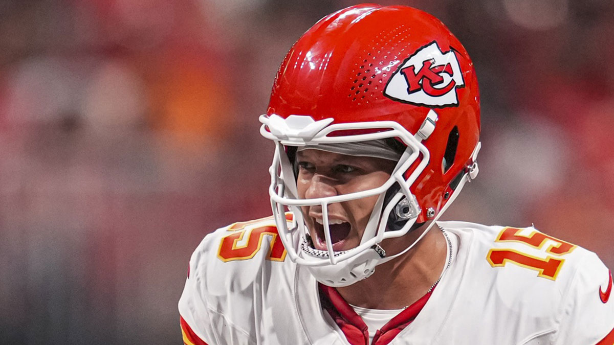 Kansas City Chiefs quarterback Patrick Mahomes (15) calls signals against the Atlanta Falcons during the second half at Mercedes-Benz Stadium.