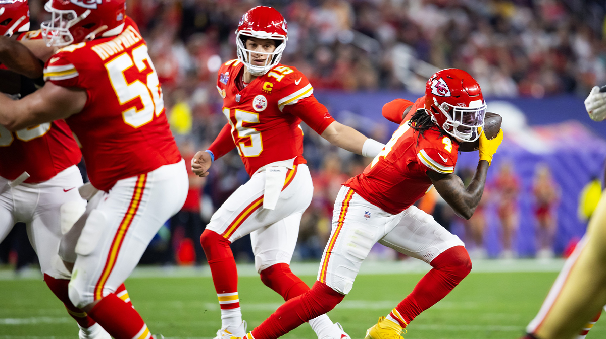 Kansas City Chiefs quarterback Patrick Mahomes (15) hands off the ball to wide receiver Rashee Rice (4) against the San Francisco 49ers during Super Bowl LVIII at Allegiant Stadium. Both players were instrumental in defeating the Atlanta Falcons in Week 3 of the 2024 season.