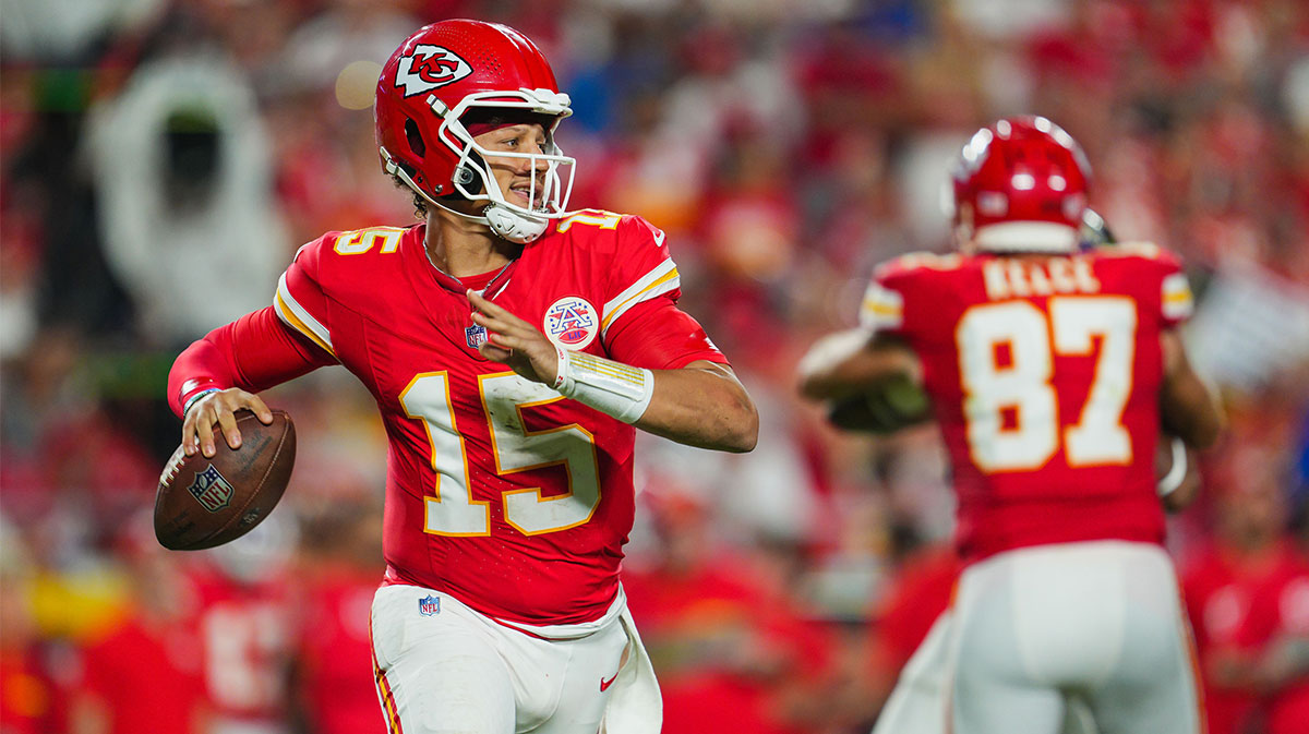 Kansas City Chiefs starting quarterback Patrick Mahomes (15) throws a pass during the second half against the Baltimore Ravens at GEHA Field at Arrowhead Stadium.