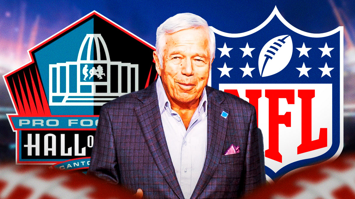 Patriots owner Robert Kraft on a stage next to the Pro Football Hall of Fame logo & the NFL logo
