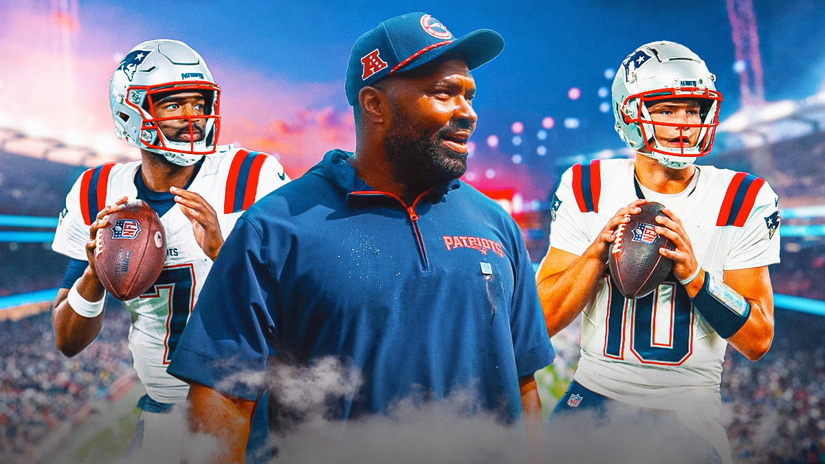 Jacoby Brissett, Jerod Mayo and Drake Maye side-by-side