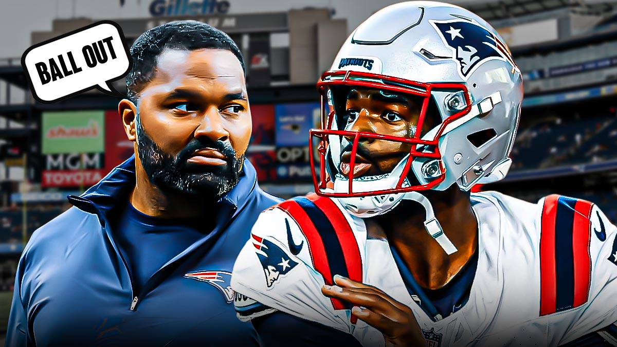 Jerod Mayo with a quote bubble saying "Ball out" to Jacoby Brissett