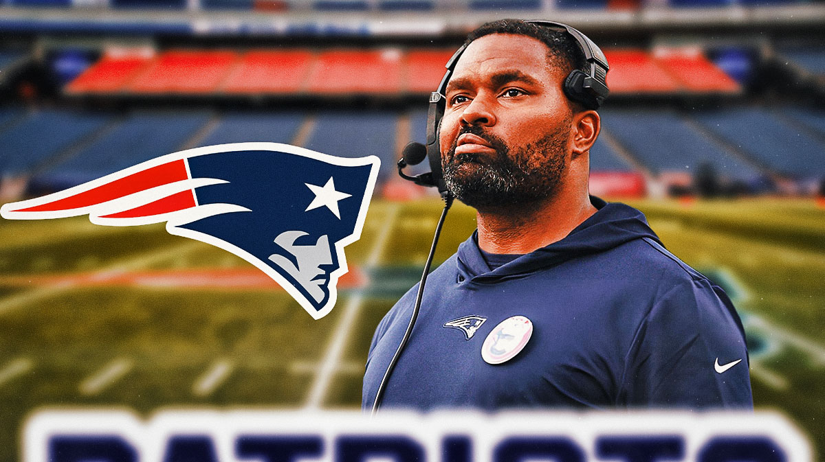 Patriots' Jerrod Mayo looks serious with receiver Javon Baker in background next police officer