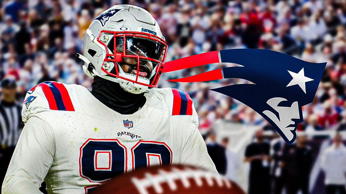 Patriots defensive tackle Christian Barmore next to Patriots logo with Gillette Stadium in the background