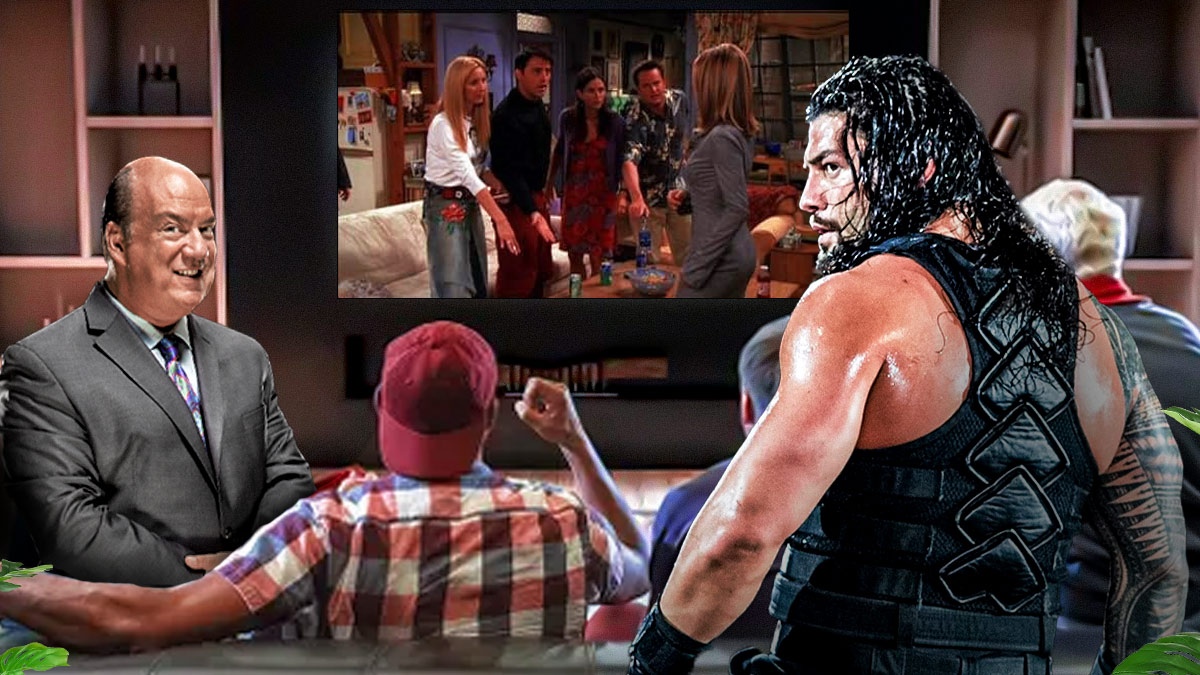 Roman Reigns and Paul Heyman watching Friends on a large television.