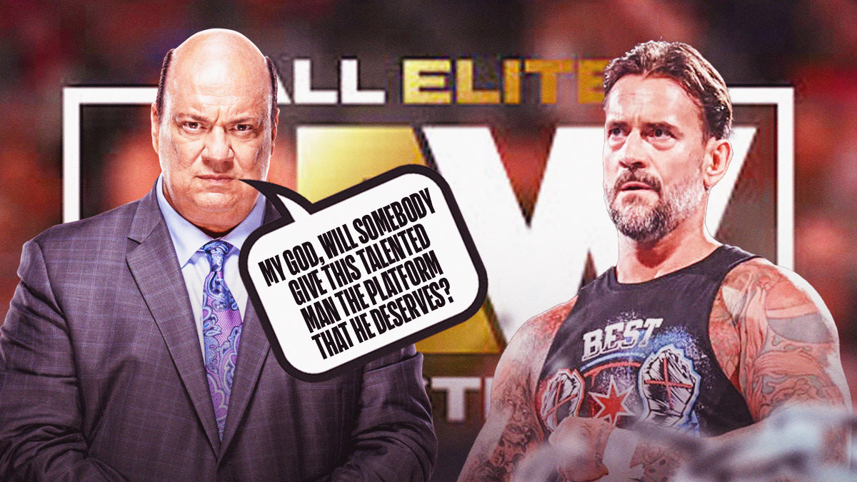 Paul Heyman with a text bubble reading "My god, will somebody give this talented man the platform that he deserves?" next to CM Punk with the AEW logo as the background.