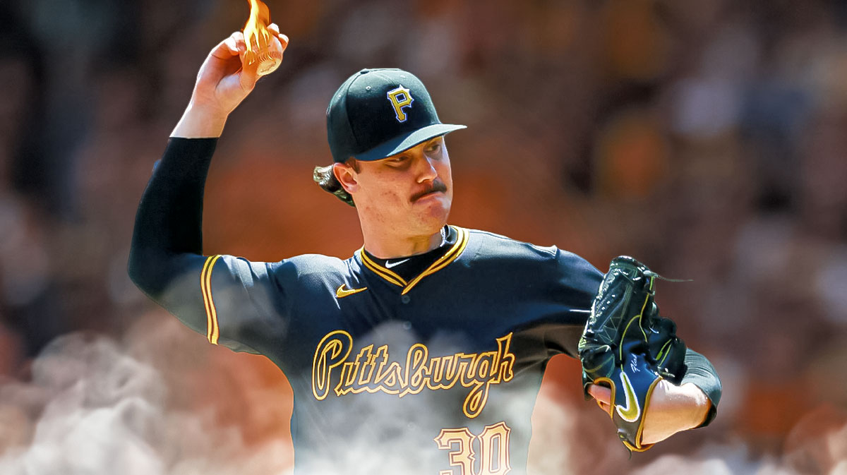 Paul Skenes throwing a baseball with flames coming off of it.