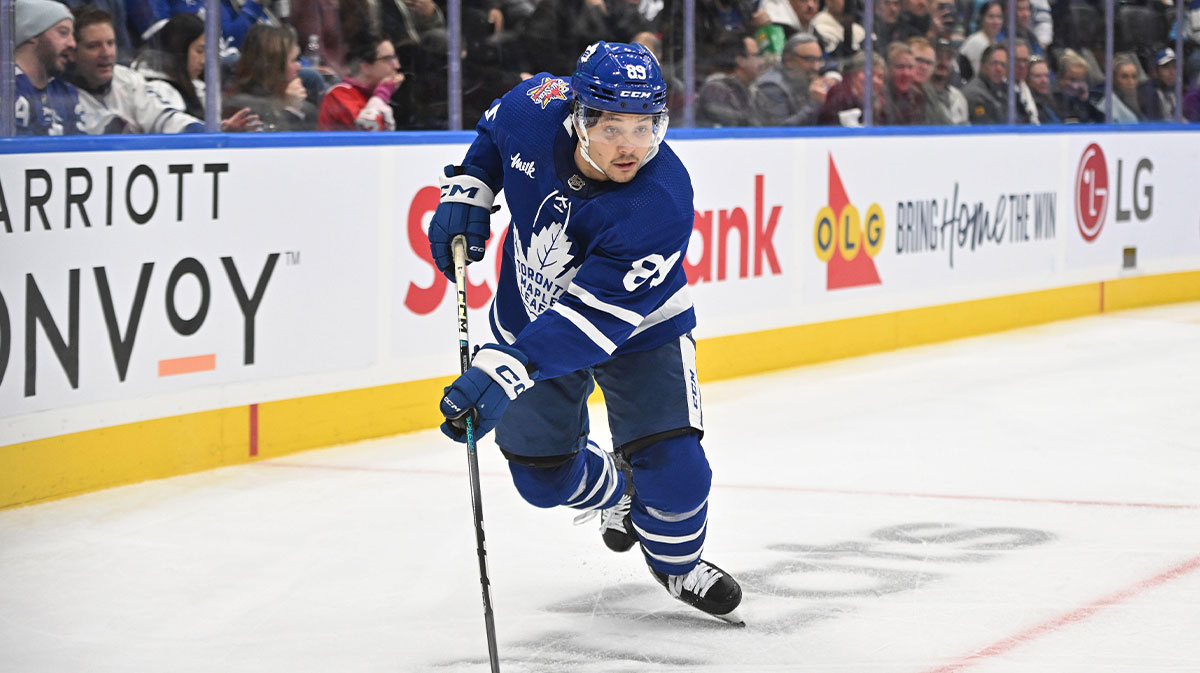 Toronto Maple Leafs forward Nick Robertson (89) skates with the puck against the Ottawa Senators in the third period at Scotiabank Arena.