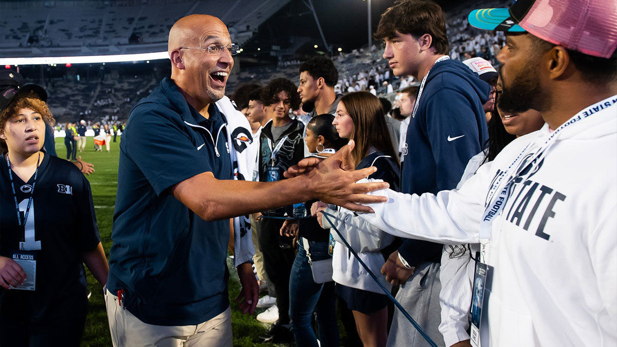 Penn State football head coach James Franklin greets supporters and recruits following a 21-7 win over Illinois, Saturday, Sept. 28, 2024, in State College, Pa.