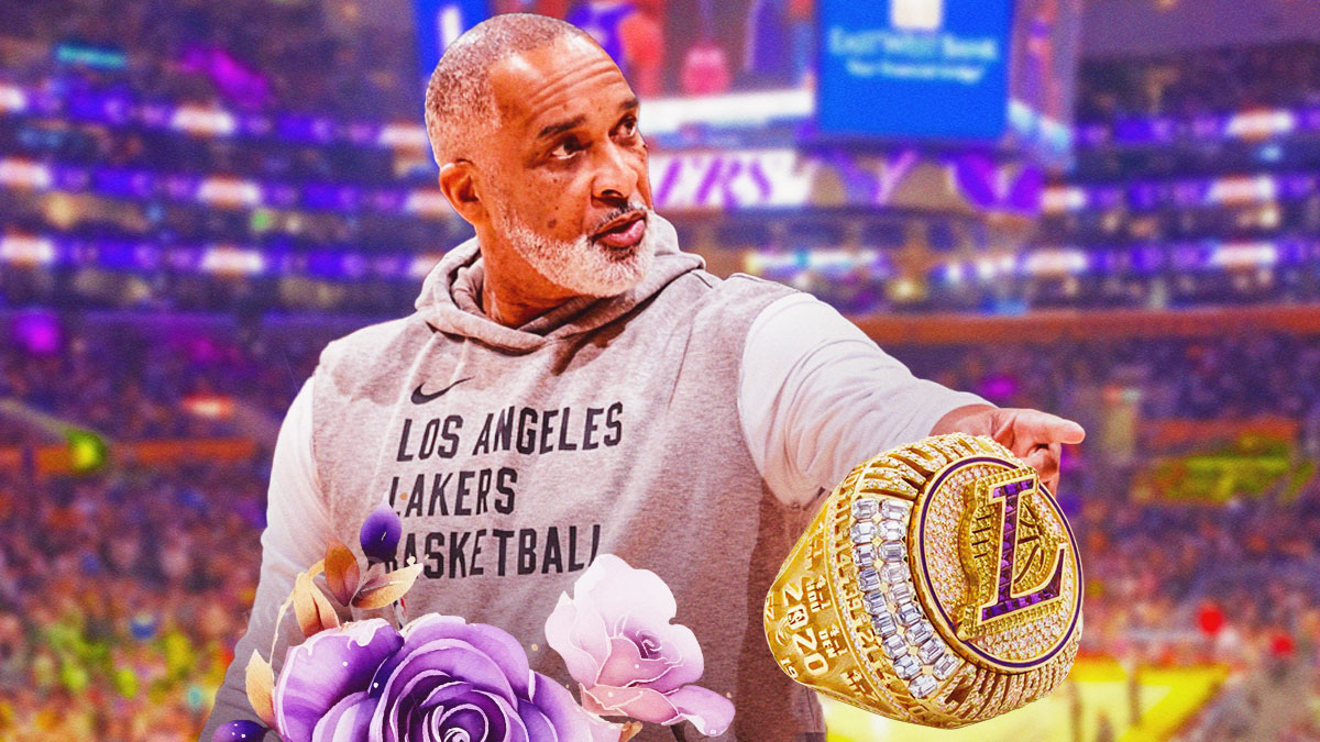 Phil Handy with Lakers' colored flowered and a championship ring.