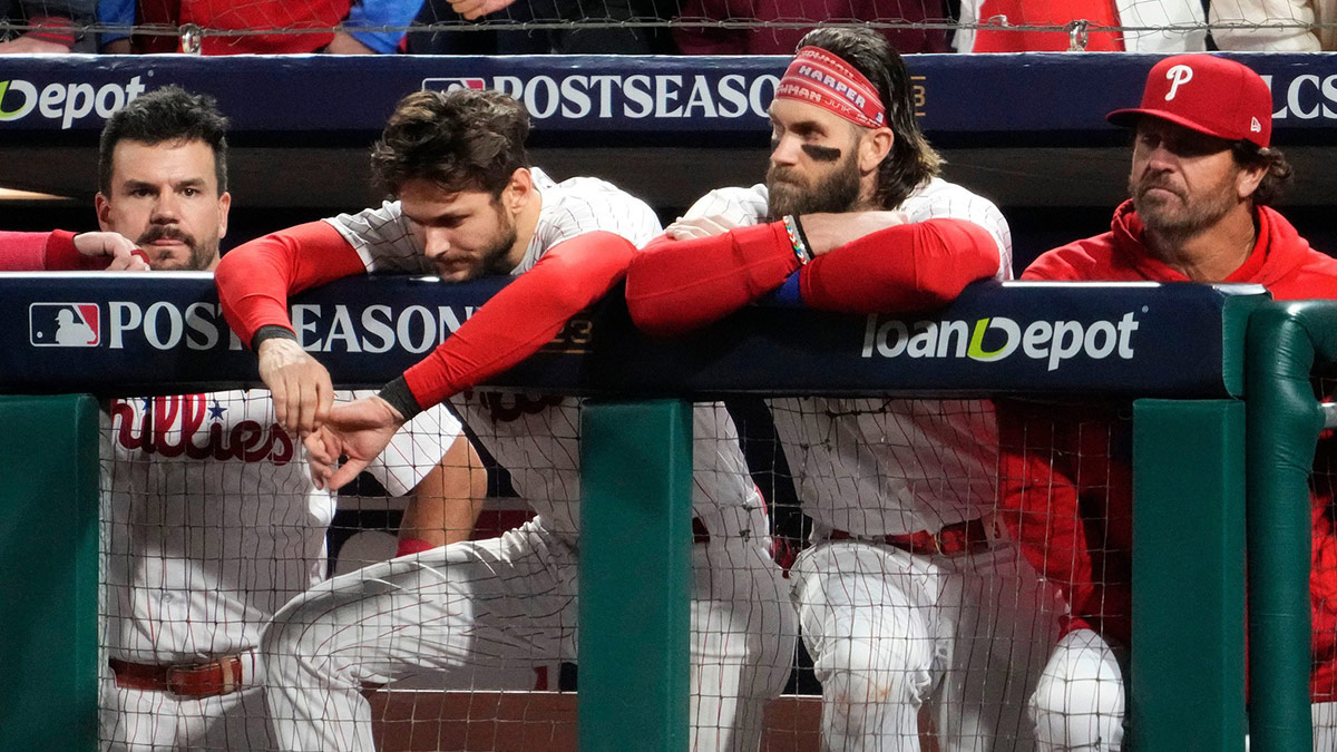 Philadelphia Phillies Bryce Harper reacts during action against the Arizona Diamondbacks in the eighth inning during Game 7 of the NLCS at Citizens Bank Park on Oct 24, 2023.