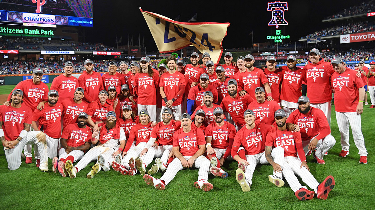Philadelphia Phillies celebrate winning the National League East Division Champs with a win against the Chicago Cubs at Citizens Bank Park