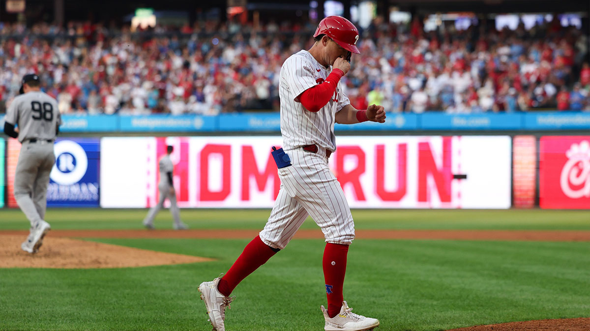 Philadelphia Phillies outfielder Austin Hays (9) runs the bases after hitting a three RBI home run during the second inning against the New York Yankees at Citizens Bank Park.