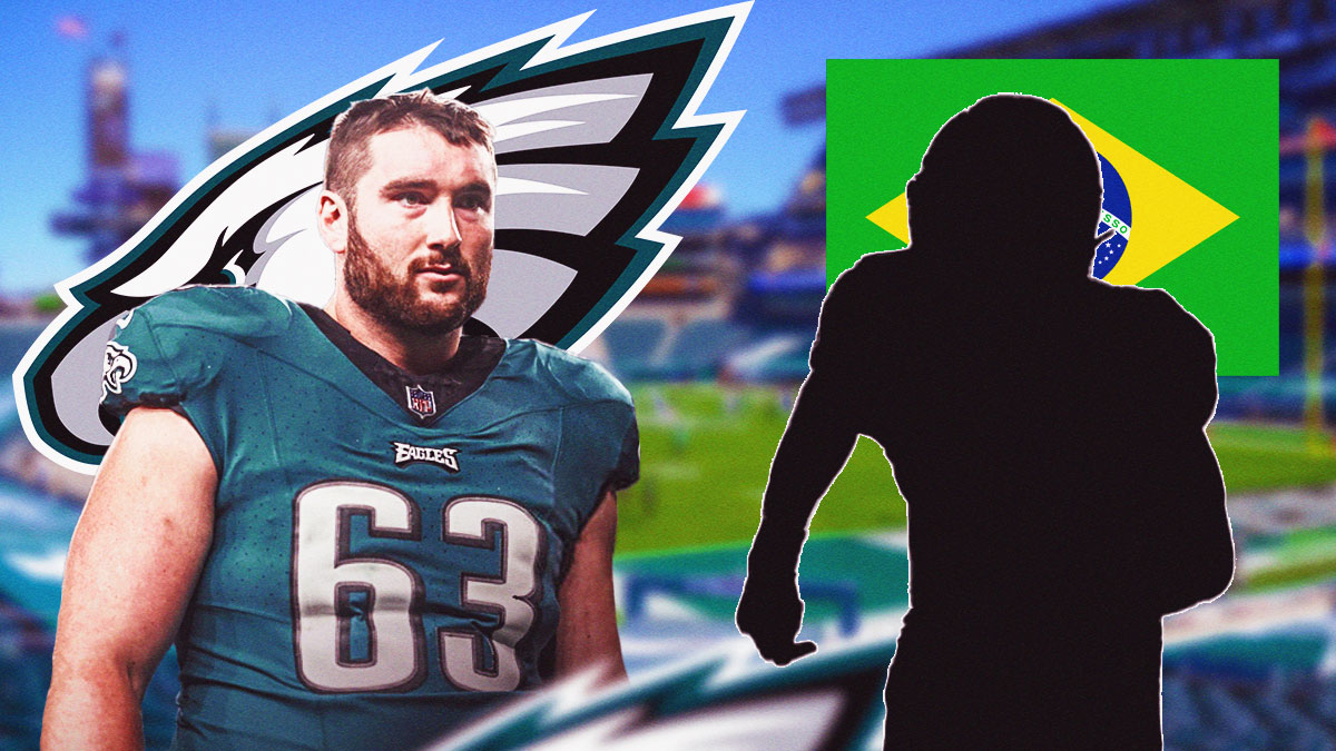 Jack Driscoll in his Eagles uniform next to the blacked-out silhouette of Kyle Philips in front of the Eagles logo and the Brazilian flag.