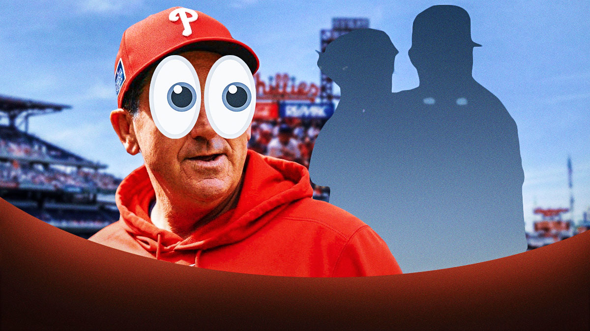 Phillies Rob Thompson with emojis in his eyes looking at a pitcher silhouette