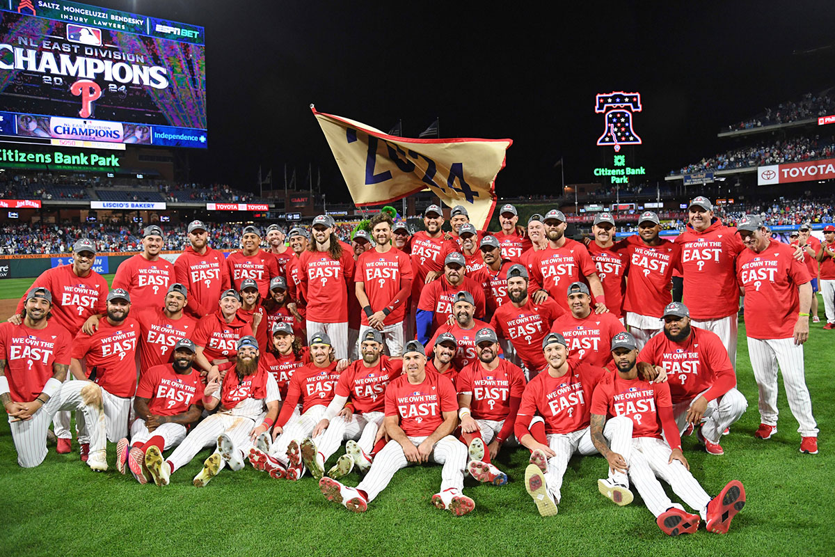 Philadelphia Phillies celebrate winning the National League East Division Champs with a win against the Chicago Cubs at Citizens Bank Park.