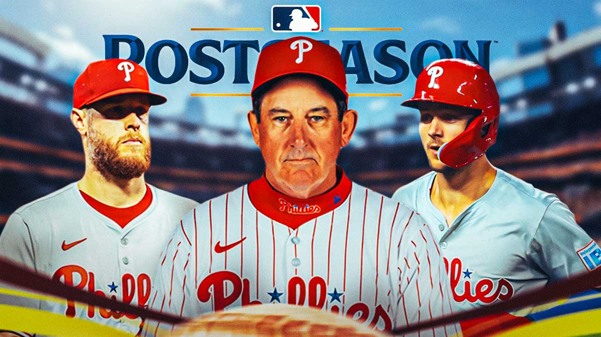 Philadelphia Phillies manger Rob Thomson next to Phillies players Zack Wheeler, Trea Turner - 2024 MLB Postseason logo at the top
