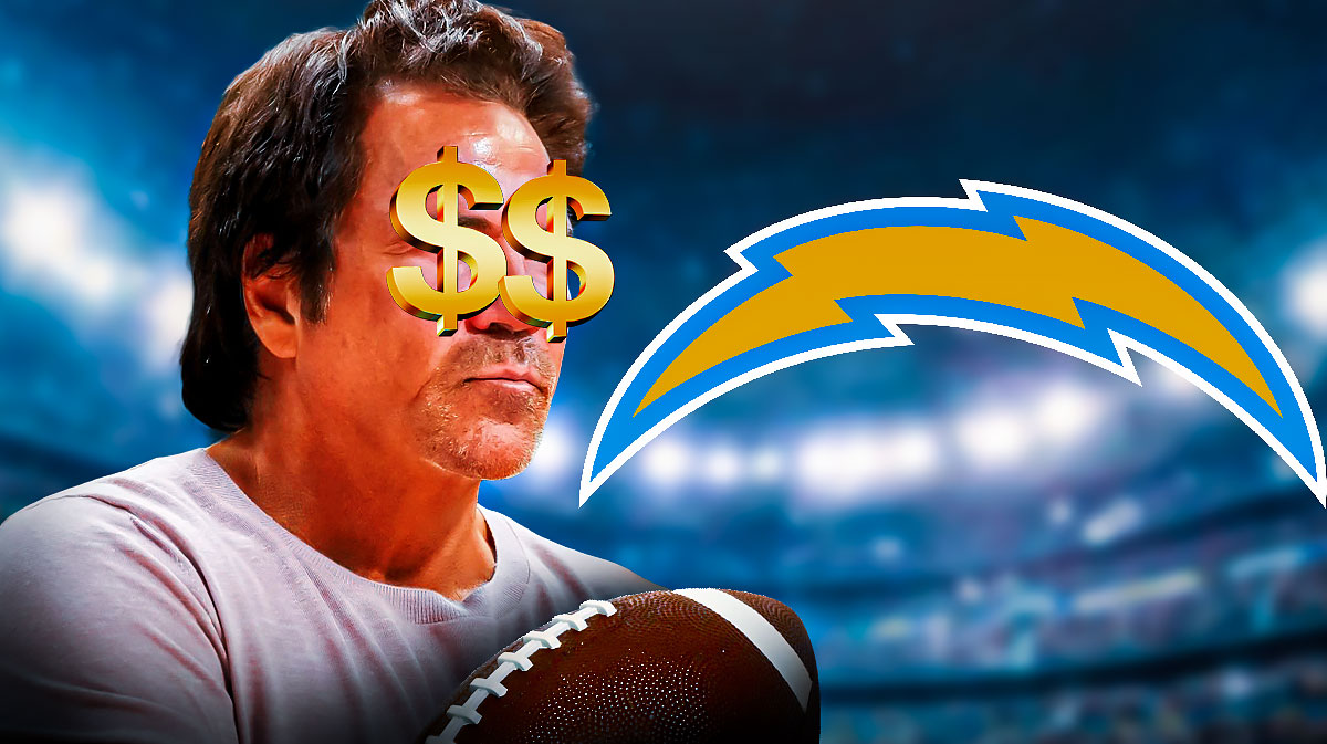 Pistons owner Tom Gores with $ over eyes looking at the los Angeles chargers logo