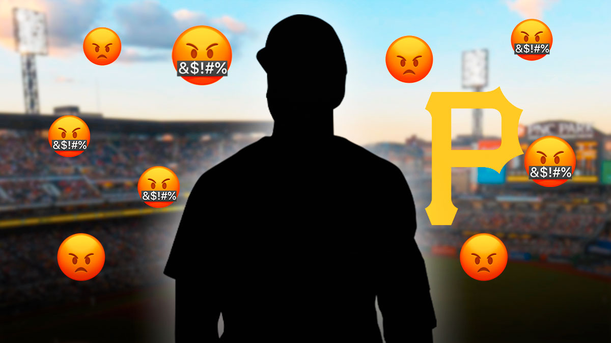 Blacked out baseball player silhouette with angry emojis 🤬😡 around it next to a Pittsburgh Pirates logo