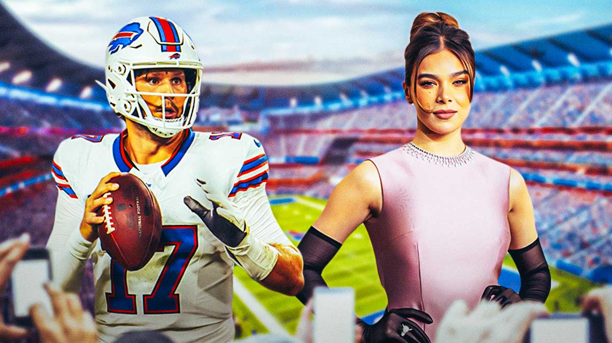 Buffalo Bills quarterback Josh Allen, who just defeated the Jacksonville Jagurs, with girlfriend Hailee Steinfeld with Highmark Stadium background.